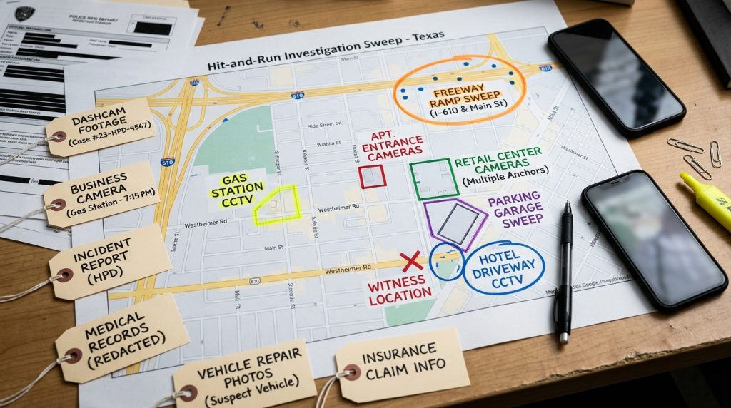 Houston hit and run camera sweep map with freeway ramp gas station apartment retail parking garage and witness locations