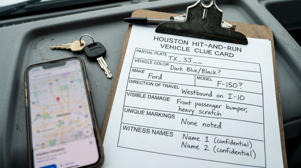 Houston hit and run vehicle clue card with partial plate vehicle color direction of travel damage and witness notes