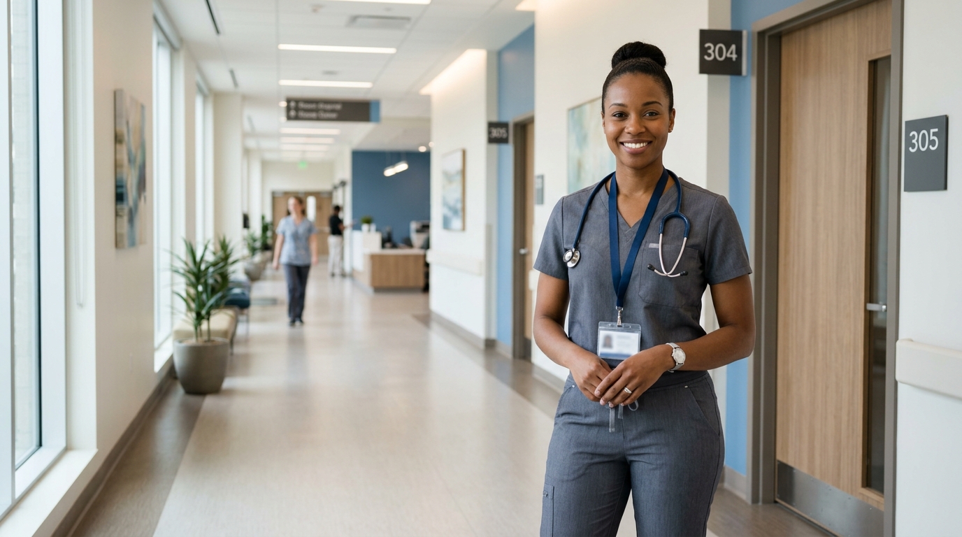 Healthcare worker wearing modern fit medical scrubs in a clinic hallway