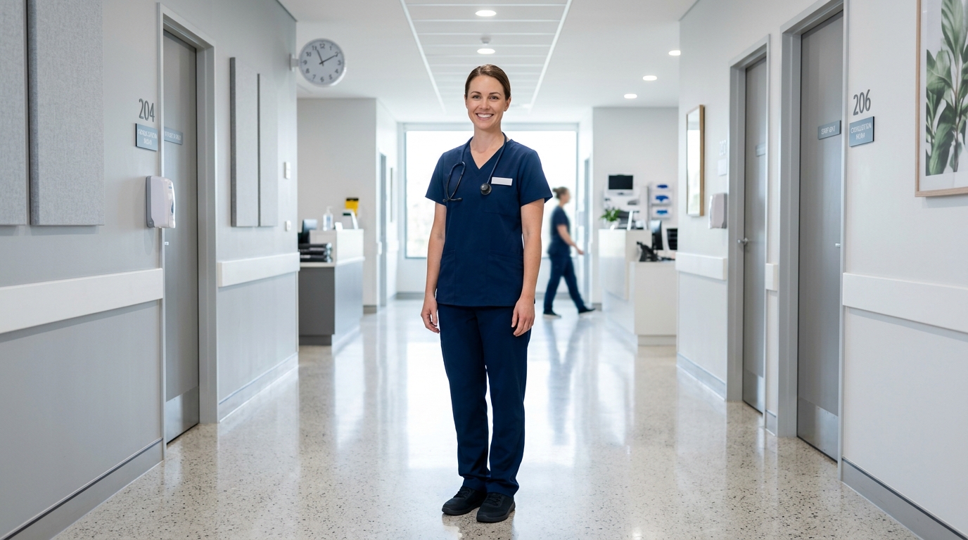 Healthcare worker wearing modern everyday medical scrubs