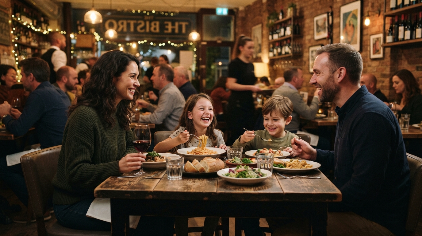 Family enjoying a meal at a welcoming local restaurant